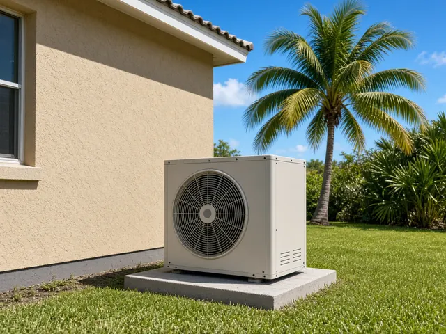 Outdoor AC condenser next to a stucco home with a palm tree