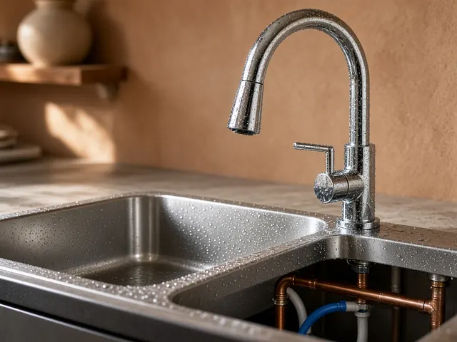 Kitchen faucet with copper pipes under the sink